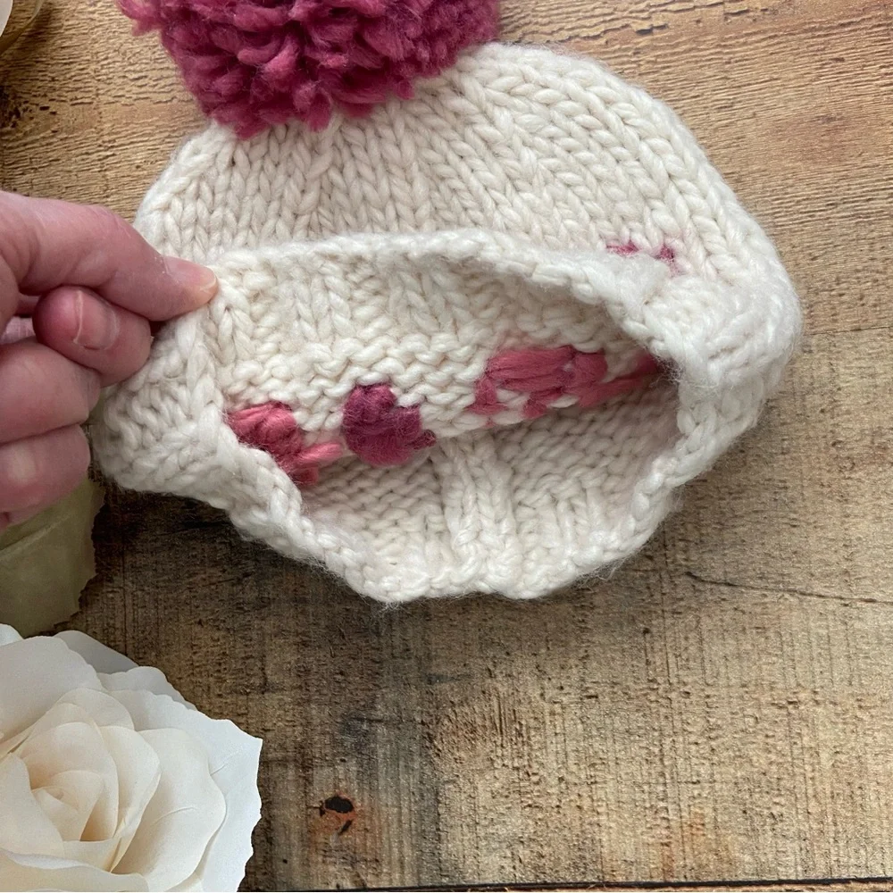 Beanie Hats (2) Hand Knit Cozy 2 HATS INFANT + Toddler Pom Pom Valentines Day